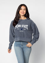 Penn State Nittany Lions Women's Navy Relaxed Premium cotton corded fleece Sweatshirt with Super soft hand feel, vintage wash, side slits and ribbed crew neckline, cuffs, and hemline