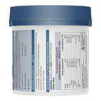A white plastic jar with a blue lid, showing the back label with text and nutrition information.