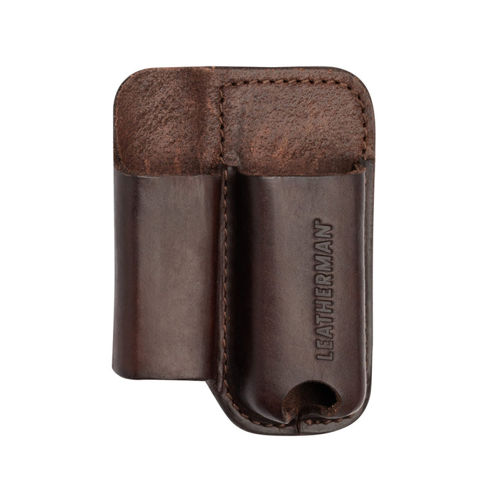 Brown premium leather multi-tool sheath with two slots and embossed “Leatherman” branding