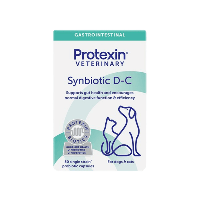 White background with a box of Protexin Synbiotic D-C capsules picutred. On the box is an outline of a cat and dog. Text on the box reads 'Supports gut health and encourages normal digestive function & efficiency.'