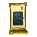 Gold package of Aquaply Purifying Manuka Oil wipes on a white background. Safe to flush.