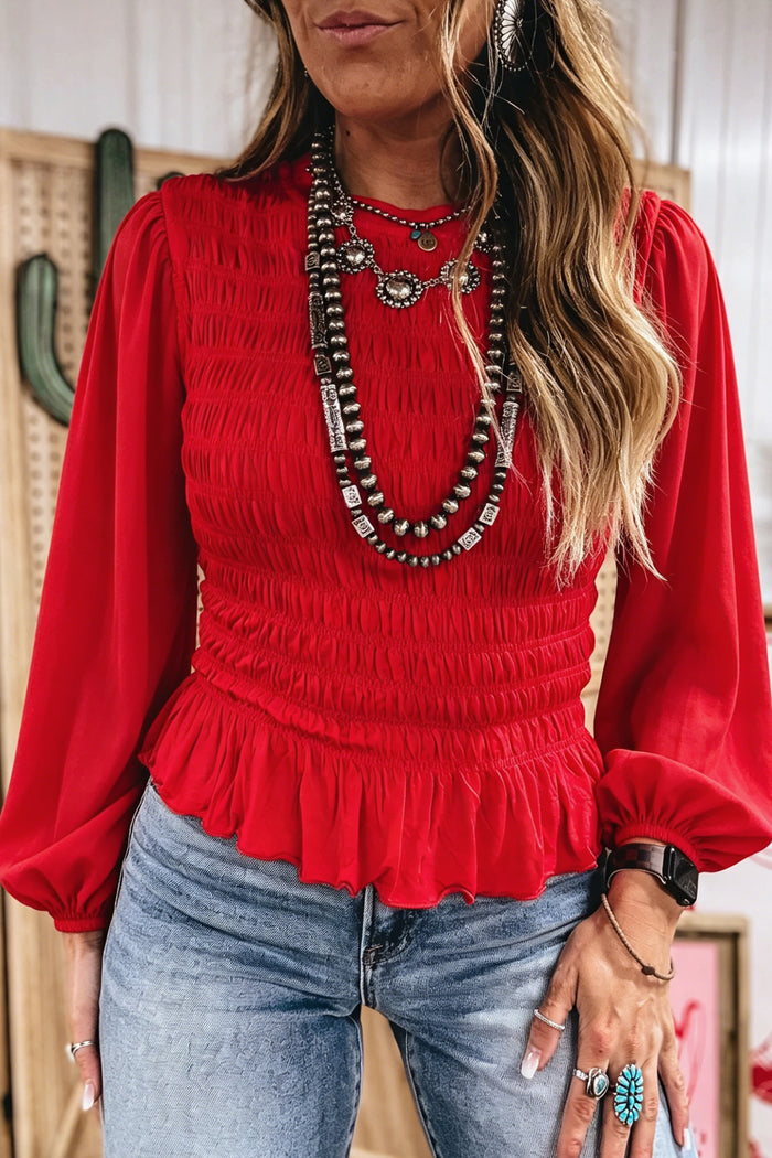 Racing Red Solid Color Smocked Ruffle Hem Long Sleeve Blouse