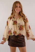 Multi Floral Peasant Sleeve Blouse- Women's Preppy Tops- Women's Work Blouse