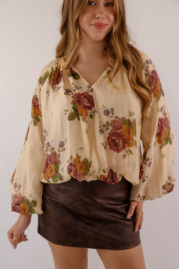 Multi Floral Peasant Sleeve Blouse- Women's Preppy Tops- Women's Work Blouse
