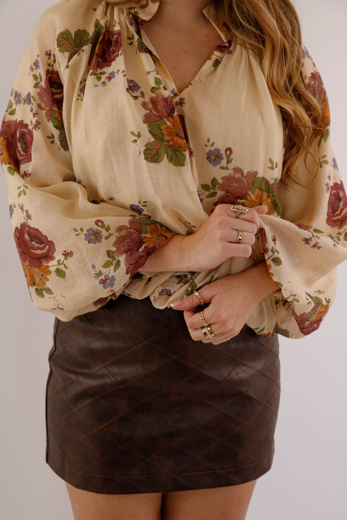 Multi Floral Peasant Sleeve Blouse- Women's Preppy Tops- Women's Work Blouse