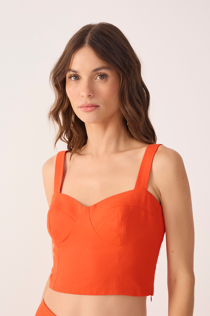 Red Sweetheart Neck Smocked Back Linen Top_4