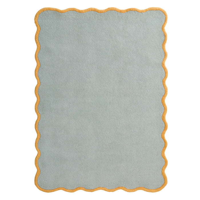 Scalloped Elise Duck Egg Ochre Rug - a 100% wool blue rug featuring a scalloped yellow border.