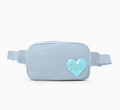 A blue belt bag with a sequin heart design on the front, featuring adjustable straps.