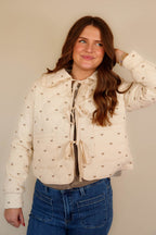 Women's Ruffle Bow Coat- Cream Quilted Coat- Women's Tie Front Quilted Jacket