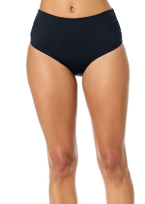 Black high-waisted bikini bottom on a white background