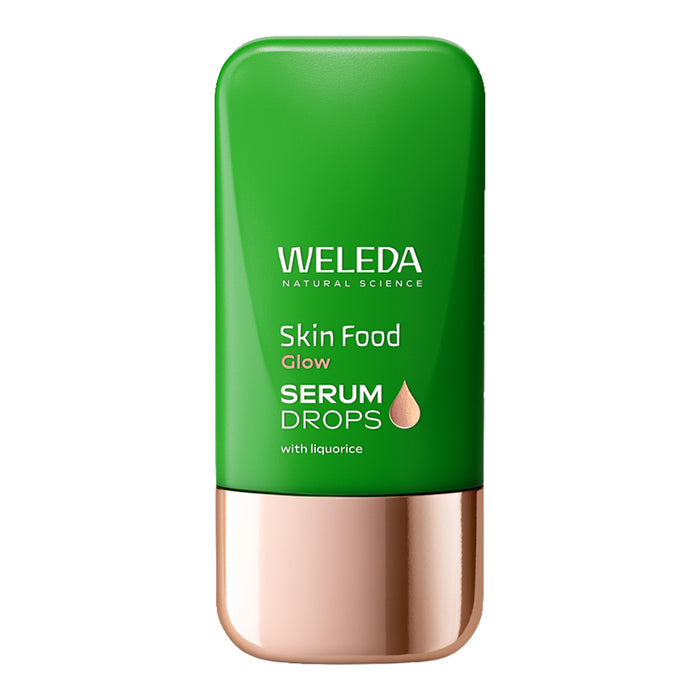 Weleda Skin Food Glow Serum Drops bottle on a white background.
