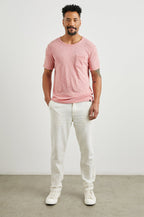 Skipper Short-Sleeve T-shirt with a Crew Neck and a Chest Patch Pocket in Equator Colorway, a Pink - Front Full Body View Featured on Model