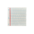 A single square paper napkin with a lined notebook page design, featuring a red vertical margin line, three blue circle grommets on the left, and light blue horizontal ruling on an off-white background.