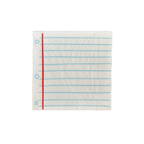 A single square paper napkin with a lined notebook page design, featuring a red vertical margin line, three blue circle grommets on the left, and light blue horizontal ruling on an off-white background.