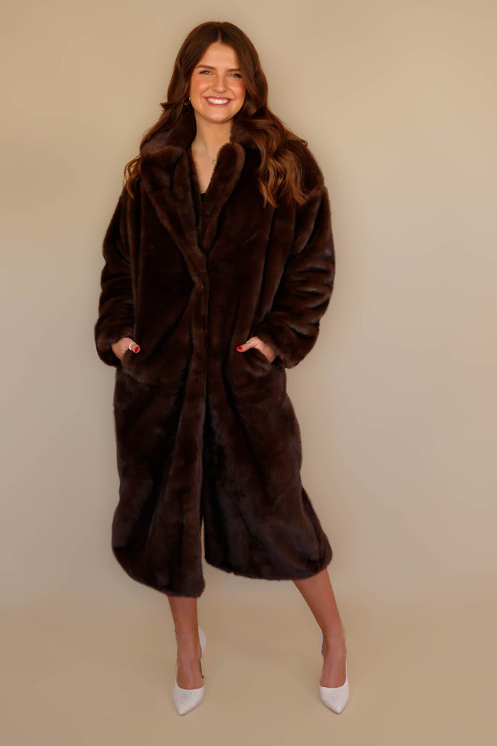 Women's Chocolate Brown Faux Fur Coat- Women's Brown Fur Winter Coat- Coalition Fur Coat