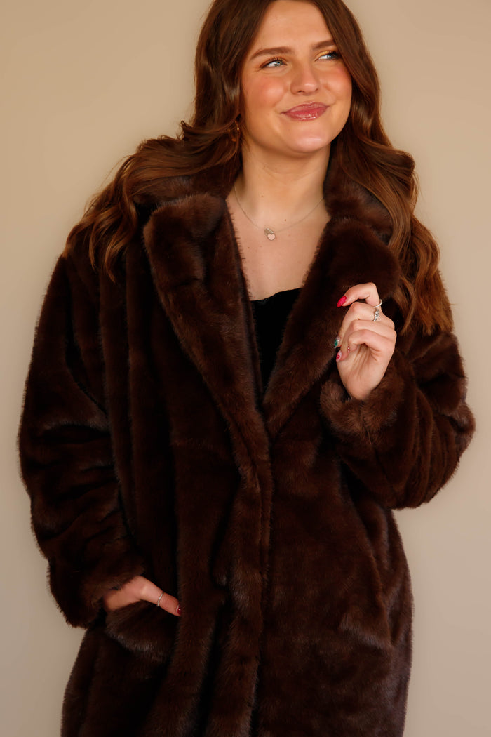 Women's Chocolate Brown Faux Fur Coat- Women's Brown Fur Winter Coat- Coalition Fur Coat