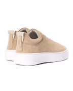Martin Valen SOSi beige suede casual sneakers, rear-side view showing heel pull tab and white platform sole