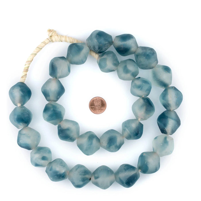 handmade large teal and clear tie dye Ghanaian glass bicone bead strands