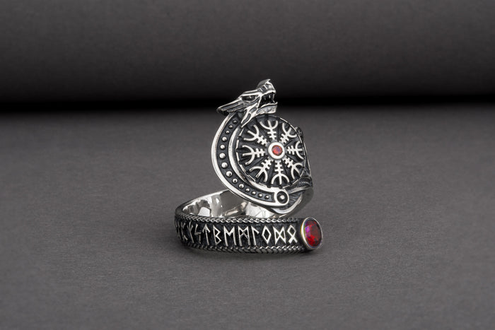 vkngjewelry Ring Sterling Silver Helm of Awe Wolf Ring Handmade Norse Jewelry