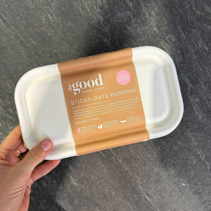 Organic gluten-free sticky date pudding in eco-friendly packaging, ready to enjoy