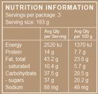 Nutrition label showing energy, protein, fat, carbs, sugars, and sodium per serving for organic ready meal
