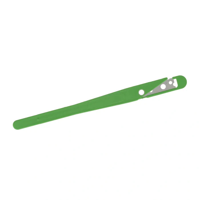 A single green bread lame blade with the protector attached on white background.