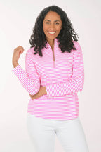 Woman wearing a pink and white striped long-sleeve shirt on a white background