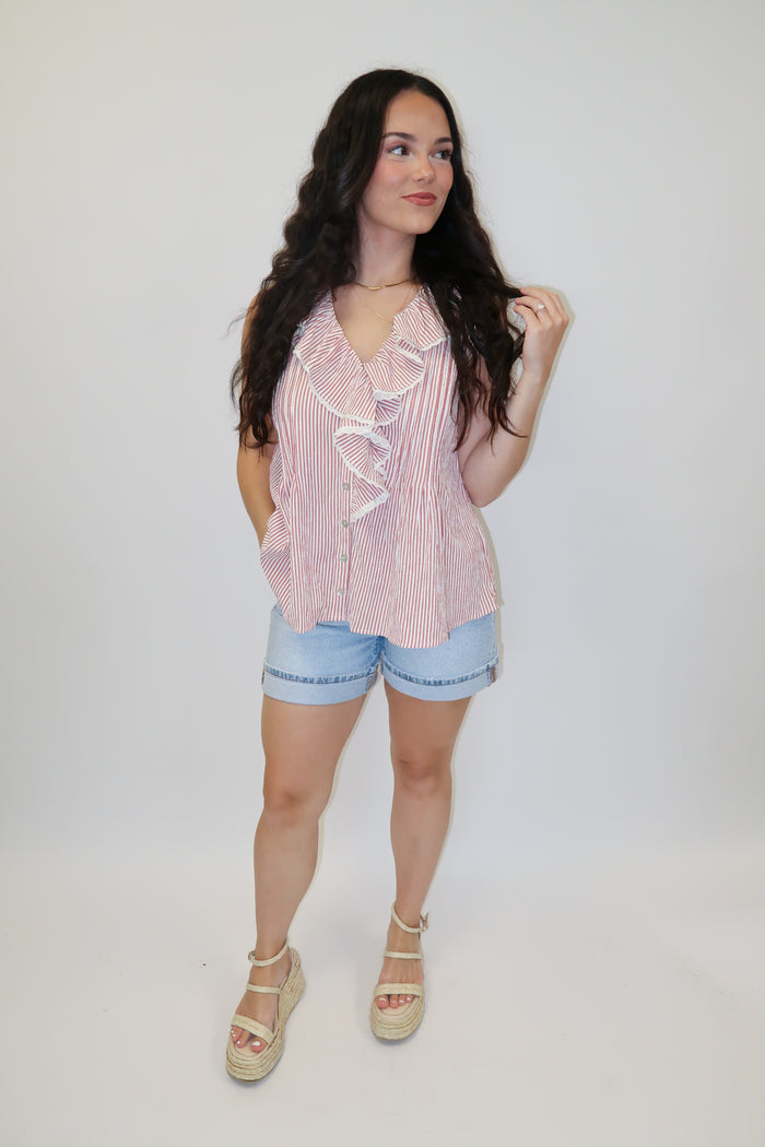 Sweet Escape Ticking Stripe Ruffle Neck Sleeveless Top - The Pink Tulip Clothing