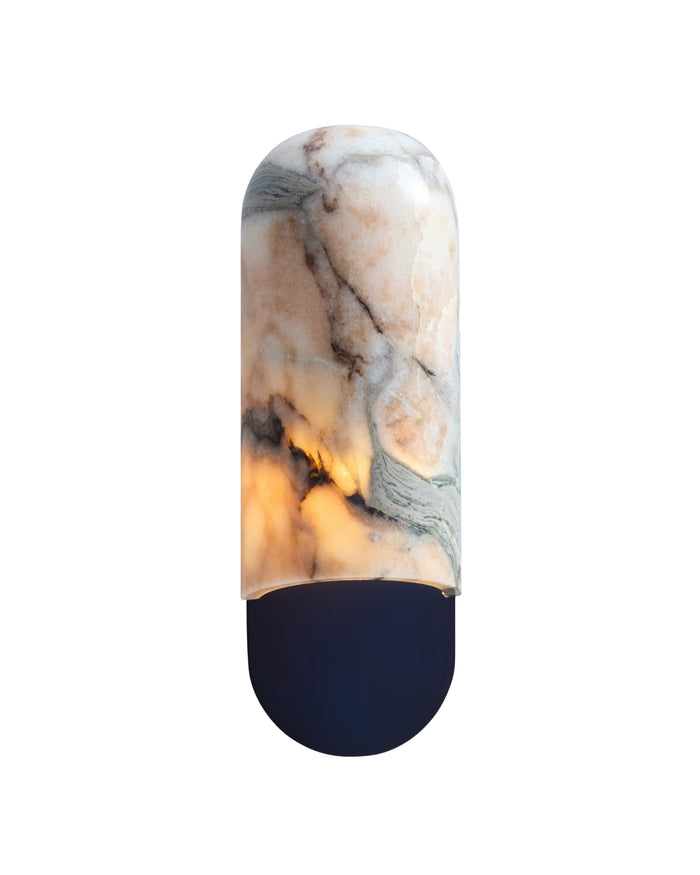 Vertical marble wall sconce with natural veining and warm internal light, mounted on a rounded gunblack metal base, isolated on a white background.
