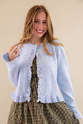 Textured Frill Detail Cardigan- Women's Blue Ruffle Cardigan- Women's Tailored Fit Cardigan