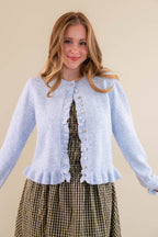 Textured Frill Detail Cardigan- Women's Blue Ruffle Cardigan- Women's Tailored Fit Cardigan