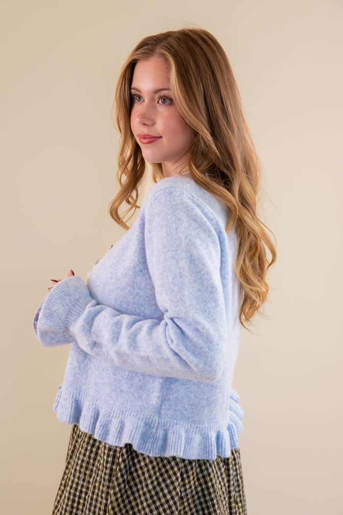 Textured Frill Detail Cardigan- Women's Blue Ruffle Cardigan- Women's Tailored Fit Cardigan