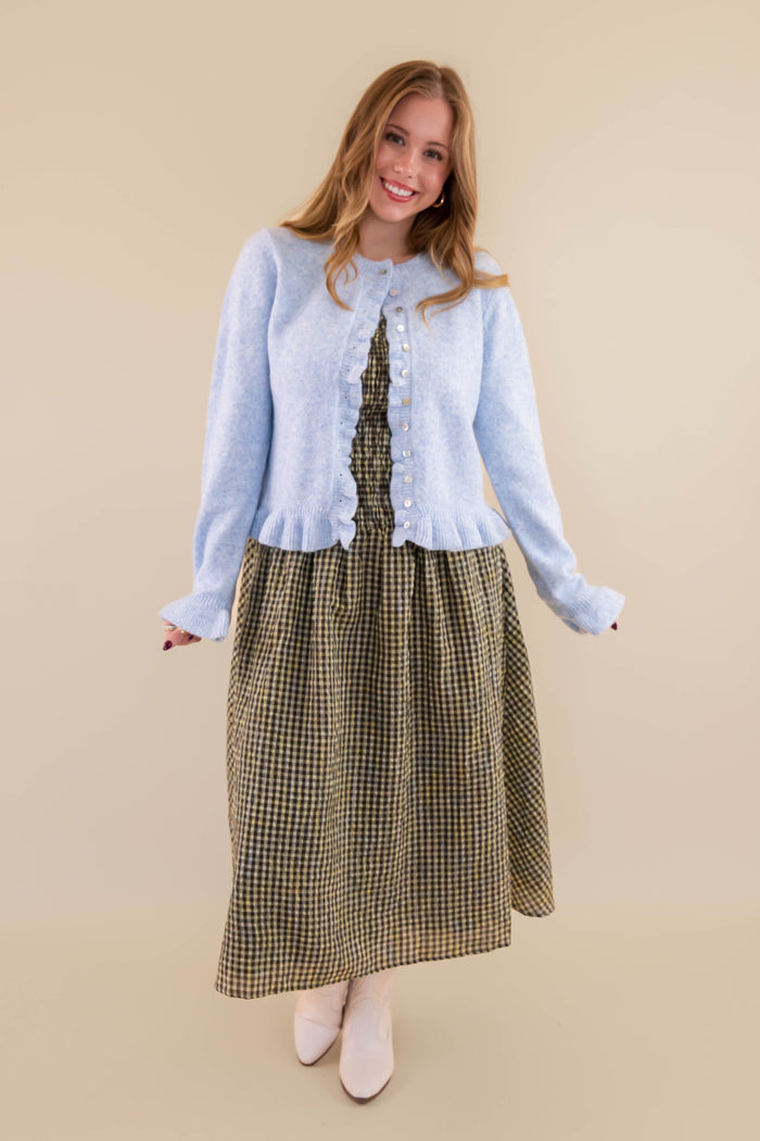 Textured Frill Detail Cardigan- Women's Blue Ruffle Cardigan- Women's Tailored Fit Cardigan