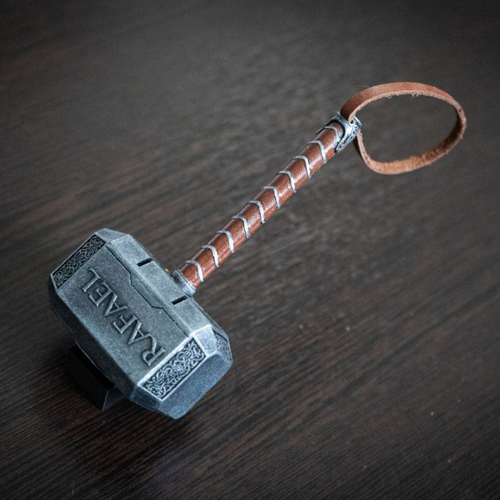 Thor Hammer Miniature 1:4 scale detailed resin replica with leather strap and personalized engraving on display stand