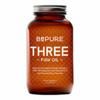 Brown bottle of BePure Three Fish Oil 120 soft gels on a white background