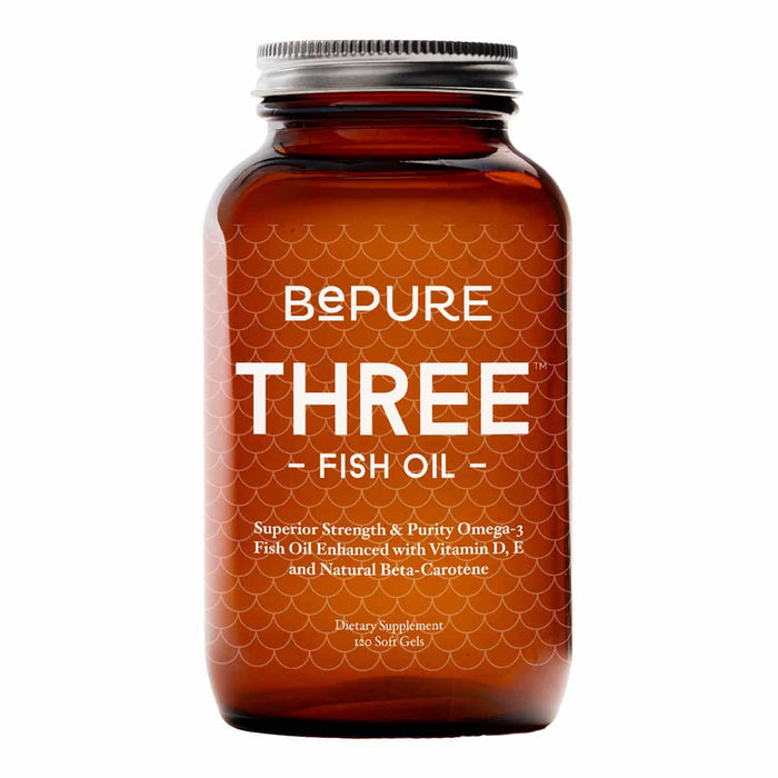 Brown bottle of BePure Three Fish Oil 120 soft gels on a white background