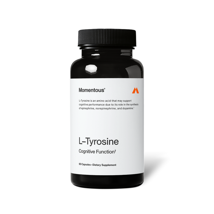 Bottle of Tyrosine dietary supplement capsules by Momentous, designed to support cognitive function and brain health.