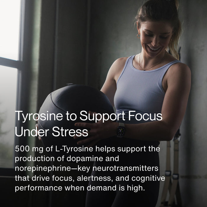 A smiling woman in workout attire holding a medicine ball with text describing Tyrosine as supporting focus under stress by aiding dopamine and norepinephrine production for cognitive performance.