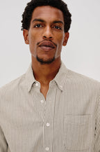 Vance button front collared shirt with long sleeves, collard stand buttons and a single chest pocket in Cedar Oat Stripe colorway. Front detail view shown on model.