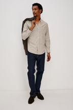 Vance button front collared shirt with long sleeves, collard stand buttons and a single chest pocket in Cedar Oat Stripe colorway. Full body front view shown on model.