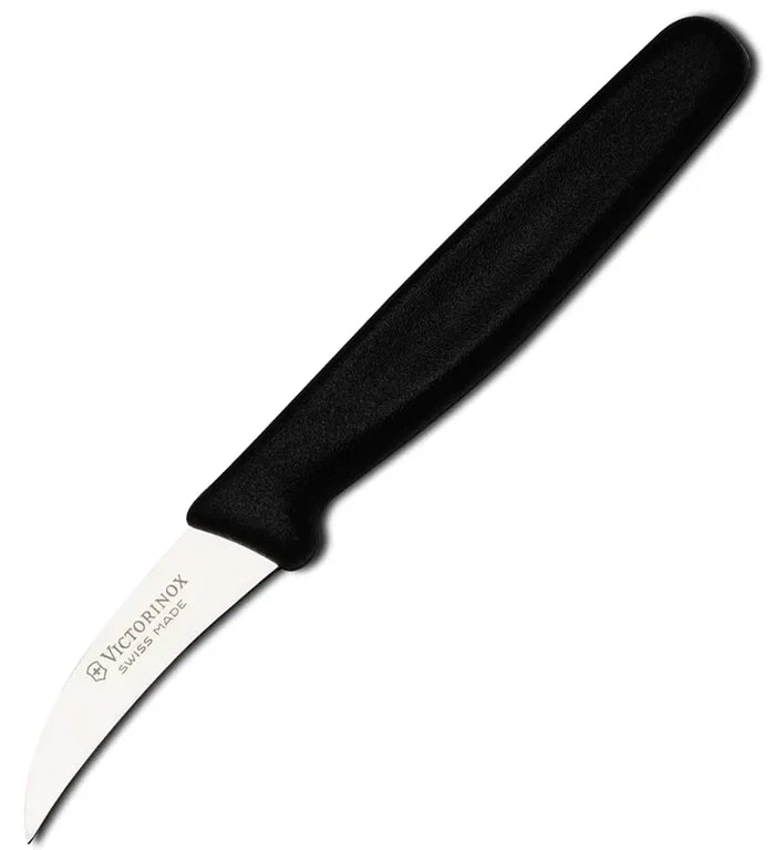 A Victorinox bird's beak peeler knife with a black plastic handle and a silver stainless steel blade.