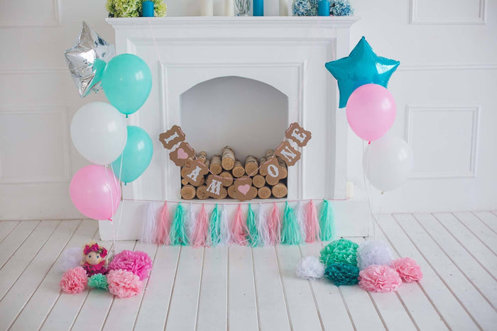 White Fireplace With Many Balloons On White Wood Floor For Birthday Photo Backdrop Shopbackdrop