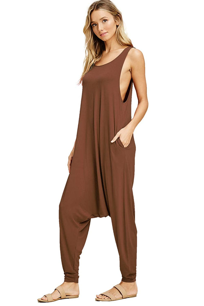 Whitewhale Women's Solid Harem Pant Sleeveless Pocket Harem Pant Jumpsuit
