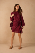 Wine Bossa High Neck Puff Sleeve Front Ties Mini Dress_1