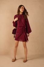 Wine Bossa High Neck Puff Sleeve Front Ties Mini Dress_1