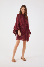 Wine Bossa High Neck Puff Sleeve Front Ties Mini Dress_2