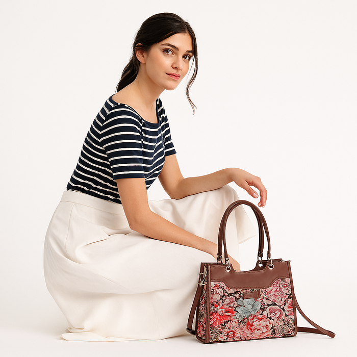 Women’s floral tapestry top?handle satchel with leather trim for daily, office, travel, and everyday use-model image