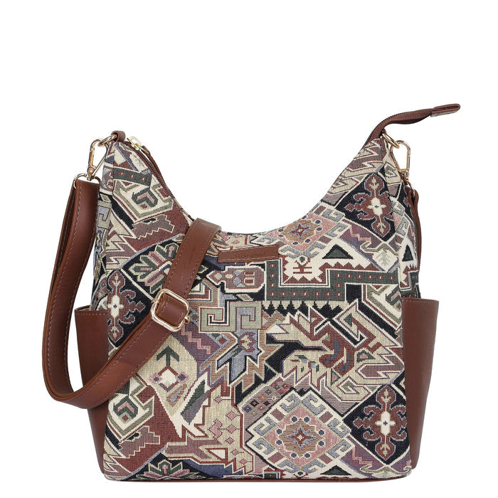 Women’s geometric tapestry hobo sling bag with leather trim for daily, office, travel, and everyday use