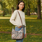Women’s geometric tapestry hobo sling bag with leather trim for daily, office, travel, and everyday use-model image