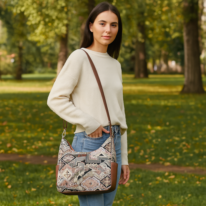 Women’s geometric tapestry hobo sling bag with leather trim for daily, office, travel, and everyday use-model image